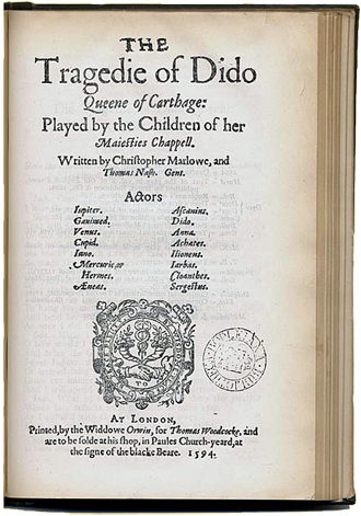 Title page of the 1594 Quarto edition of Dido Queen of Carthage