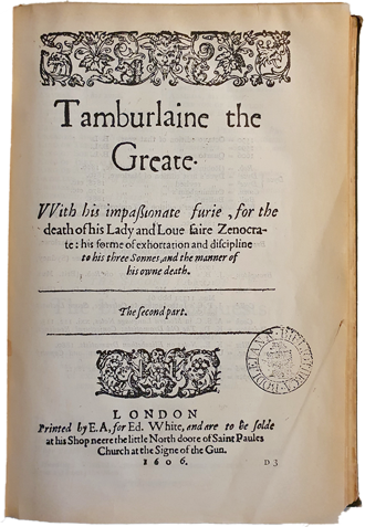 Title page of the 1606 Quarto edition of Tamburlaine Part II